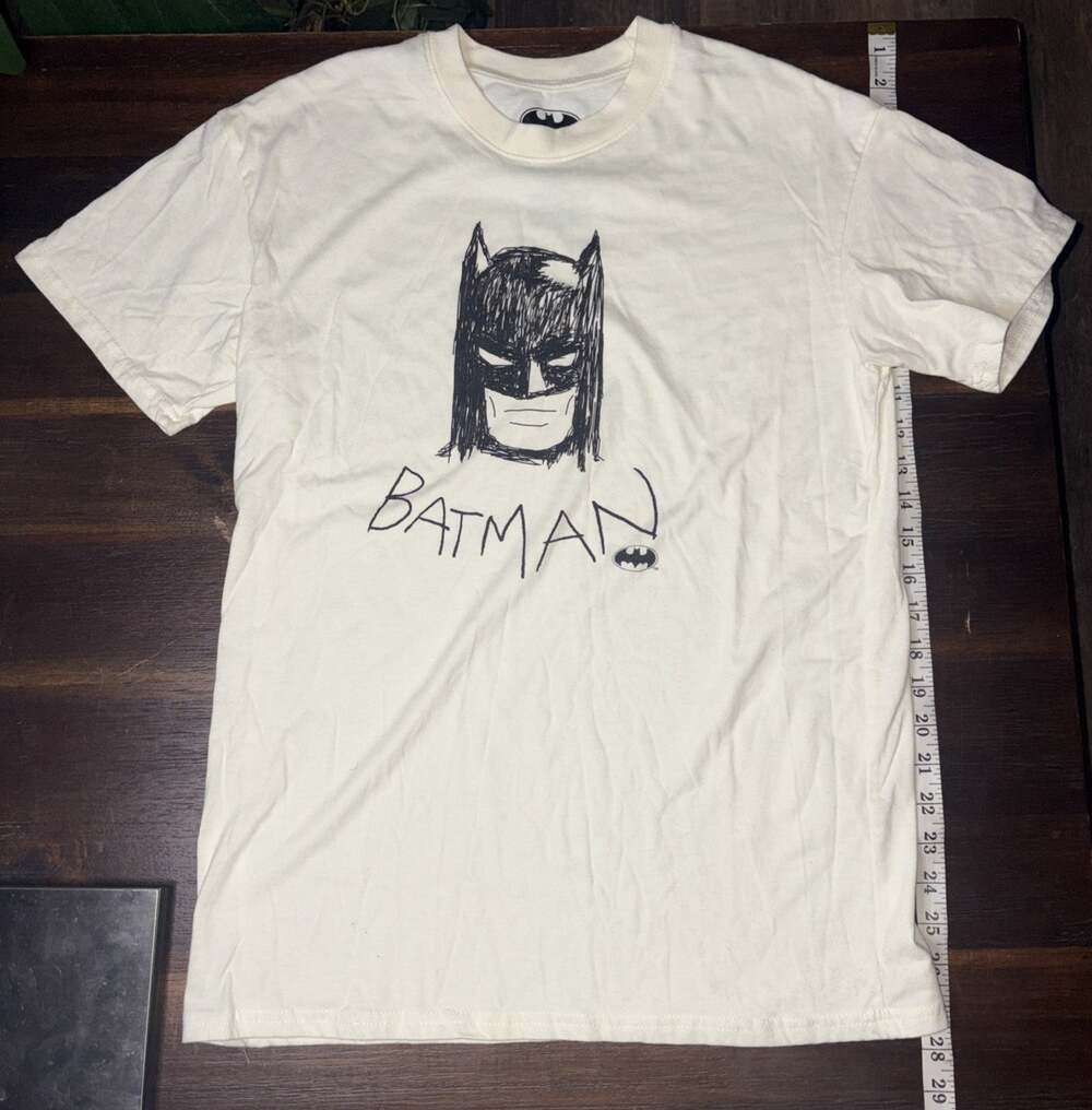 Batman Mens Medium T-Shirt Cream Sketch Face Graphic Tee DC Comics Short Sleeve